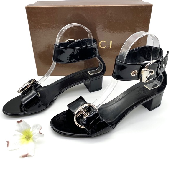 LIKE NEW Gucci Sand Pelle S Cuoio Vitello Vernice Soft Nero Sandals, 37 / 7 - Picture 7 of 16